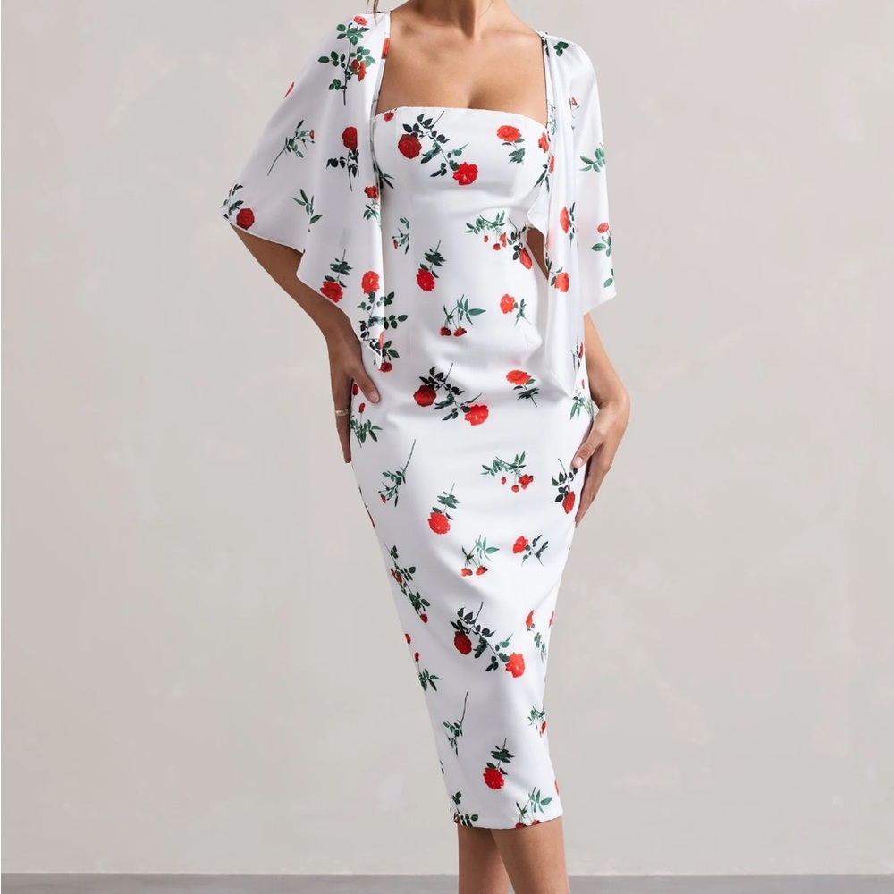 NEW Club L London Bonita Rose Print Cape-Sleeve Midi Dress
